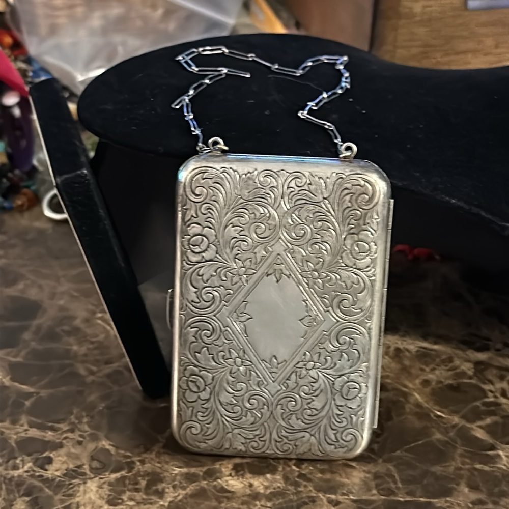 Vintage German silver coin purse with mirror for applying lipstick long chain